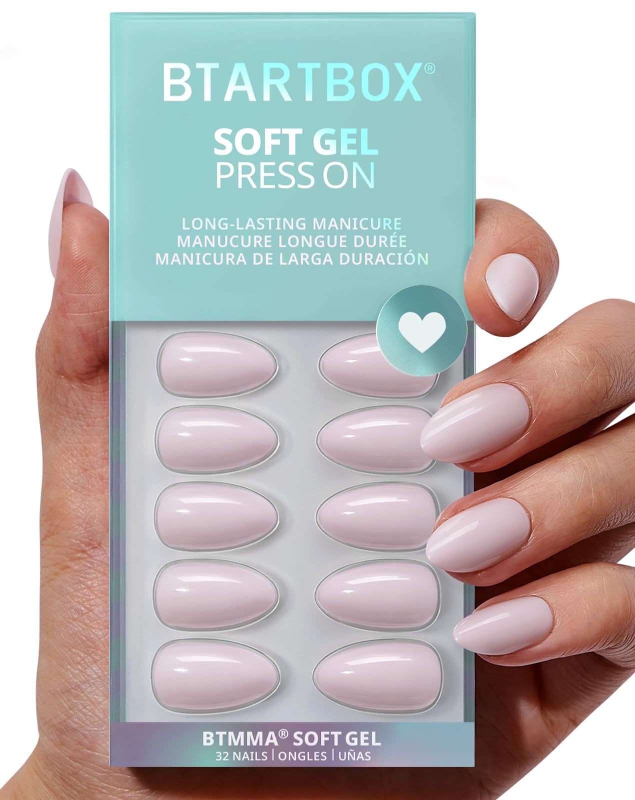 BTArtbox Almond Press On Nails – Pastel Purple Short Kit with Glue (32 Nails, 16 Sizes) Satin Memo