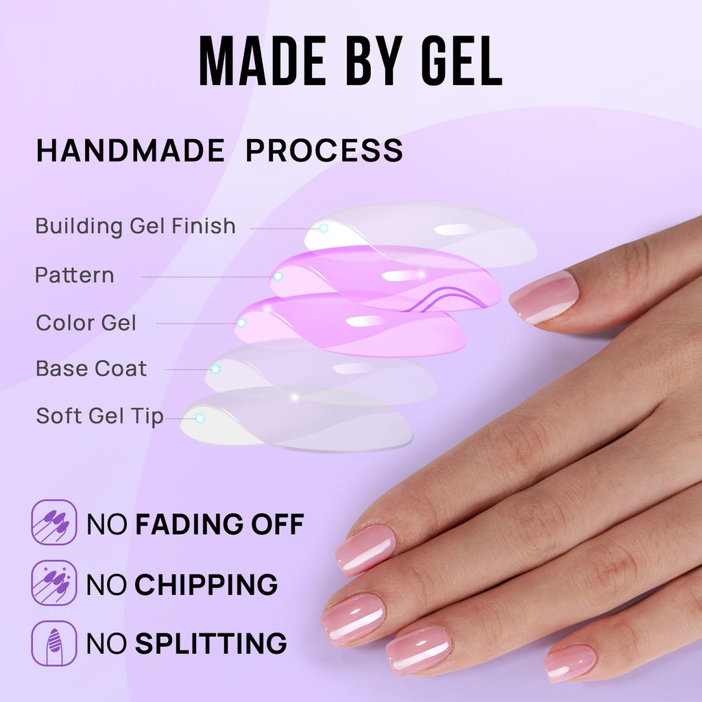 BTArtbox Press On Nails Short Square Pink Chrome Lotus Glazed – 30 Soft Gel Nails, 15 Sizes