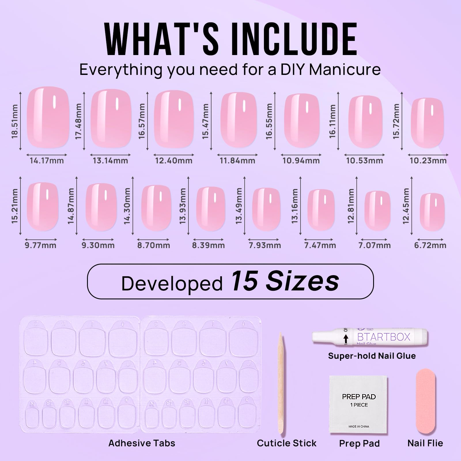 BTArtbox Press On Nails Short Square Pink Chrome Lotus Glazed – 30 Soft Gel Nails, 15 Sizes