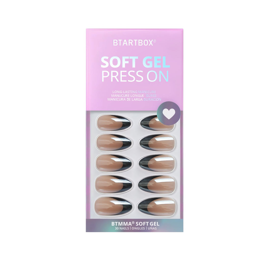 BTArtbox Black Swan French Tip Press-On Nails – Short Almond Kit (30 Nails, 15 Sizes)