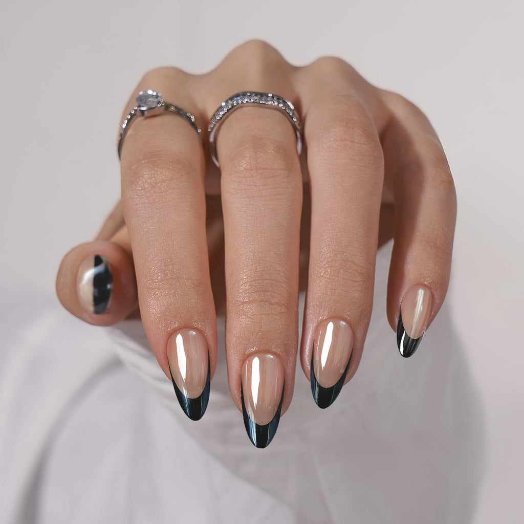 BTArtbox Black Swan French Tip Press-On Nails – Short Almond Kit (30 Nails, 15 Sizes)