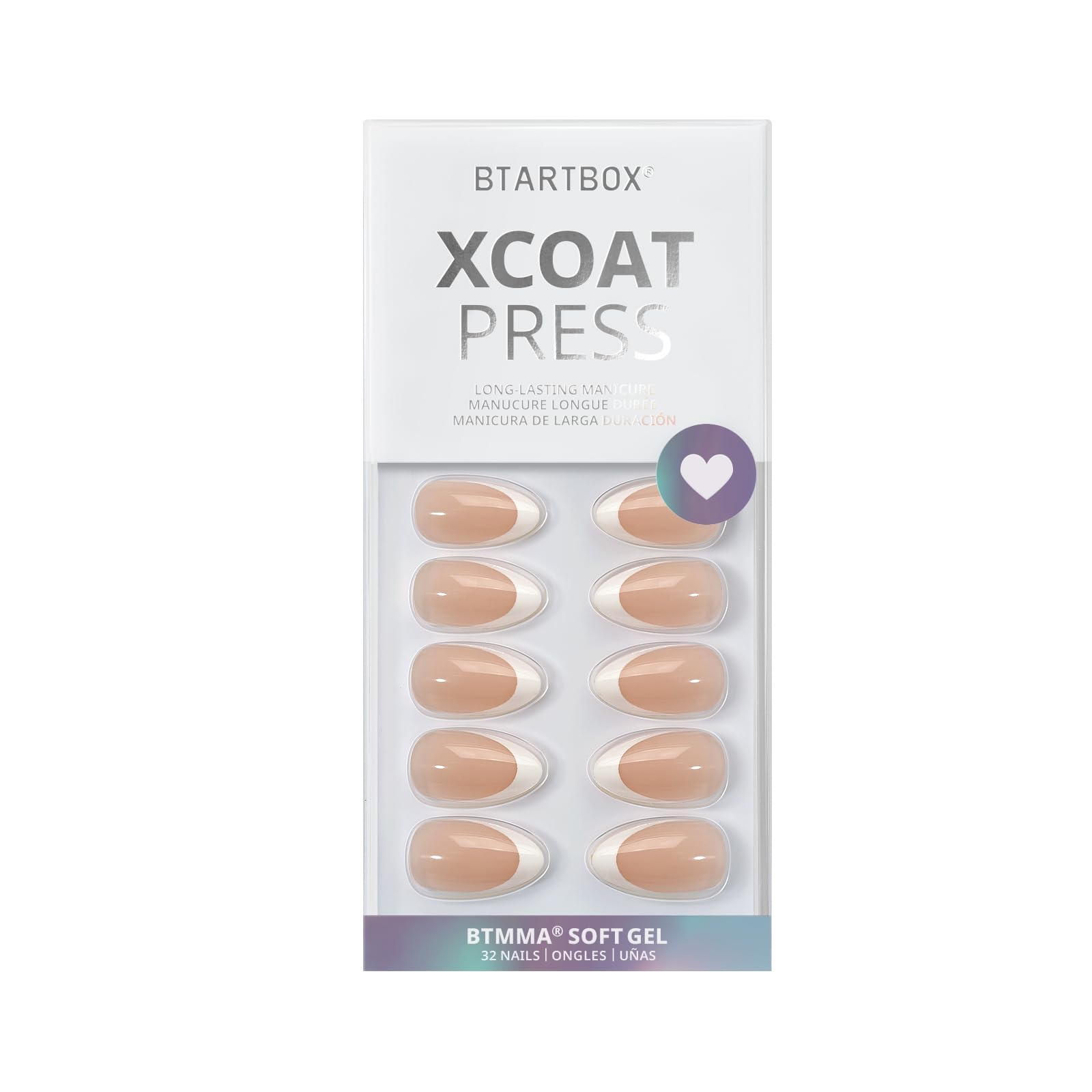 BTArtbox Short Almond French Tip Press On Nails – 32 Nails Kit with Glue, 16 Sizes