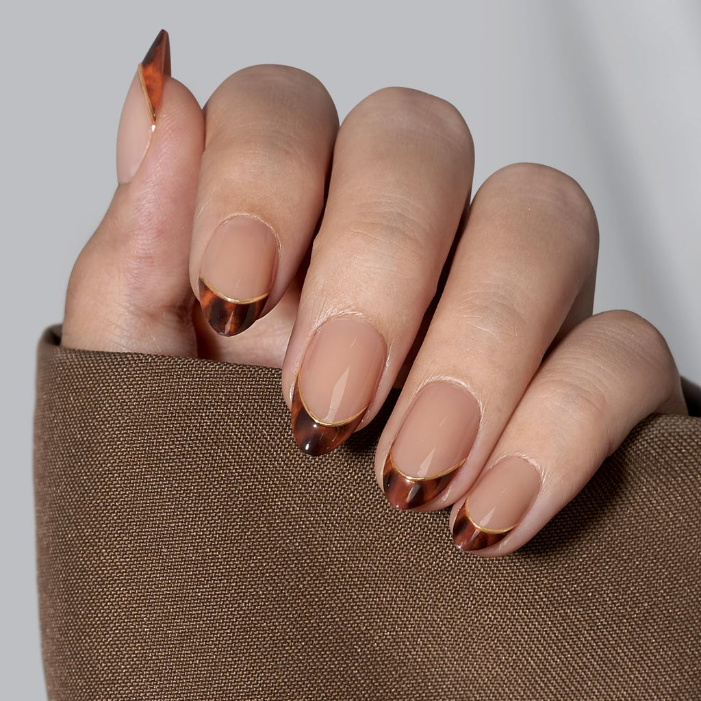 BTArtbox Press On Nails Short Almond - Tortoise Shell, Winter French Tip Press On Nails, Soft Gel Fake Nails Brown, Reusable Glue On Nails with Nail Glue in 16 Sizes, 32 Stick On Nail Kit