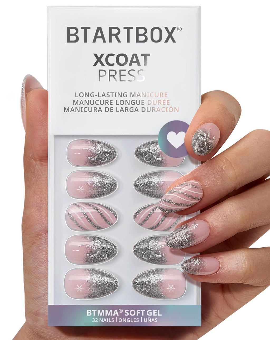 BTArtbox French Tip Press On Nails – Sparkle Bow, Lamp-Curable Short Almond Kit