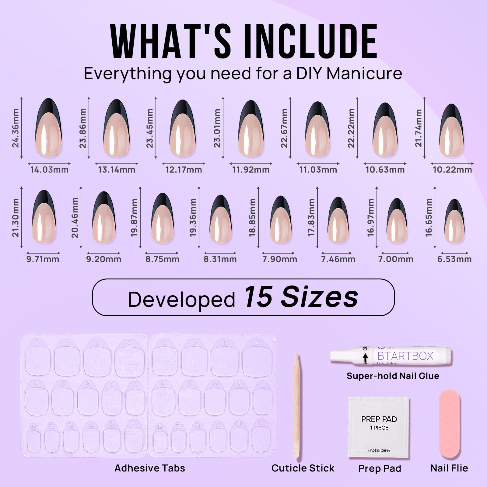 BTArtbox Black Swan French Tip Press-On Nails – Short Almond Kit (30 Nails, 15 Sizes)