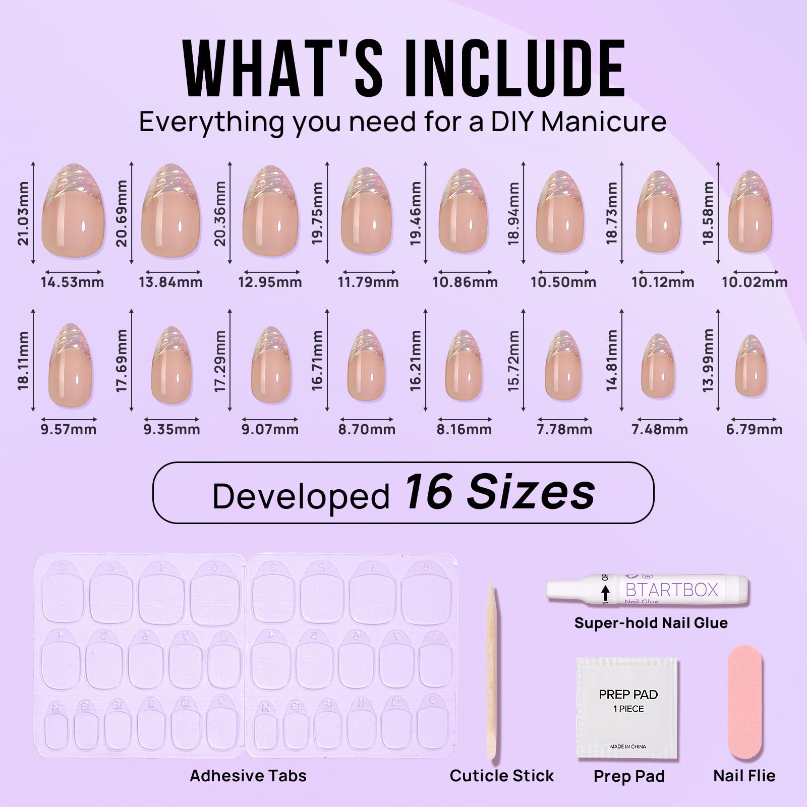 BTArtbox Aurora French Tip Short Almond Press On Nails – 30 Nails Kit, 16 Sizes