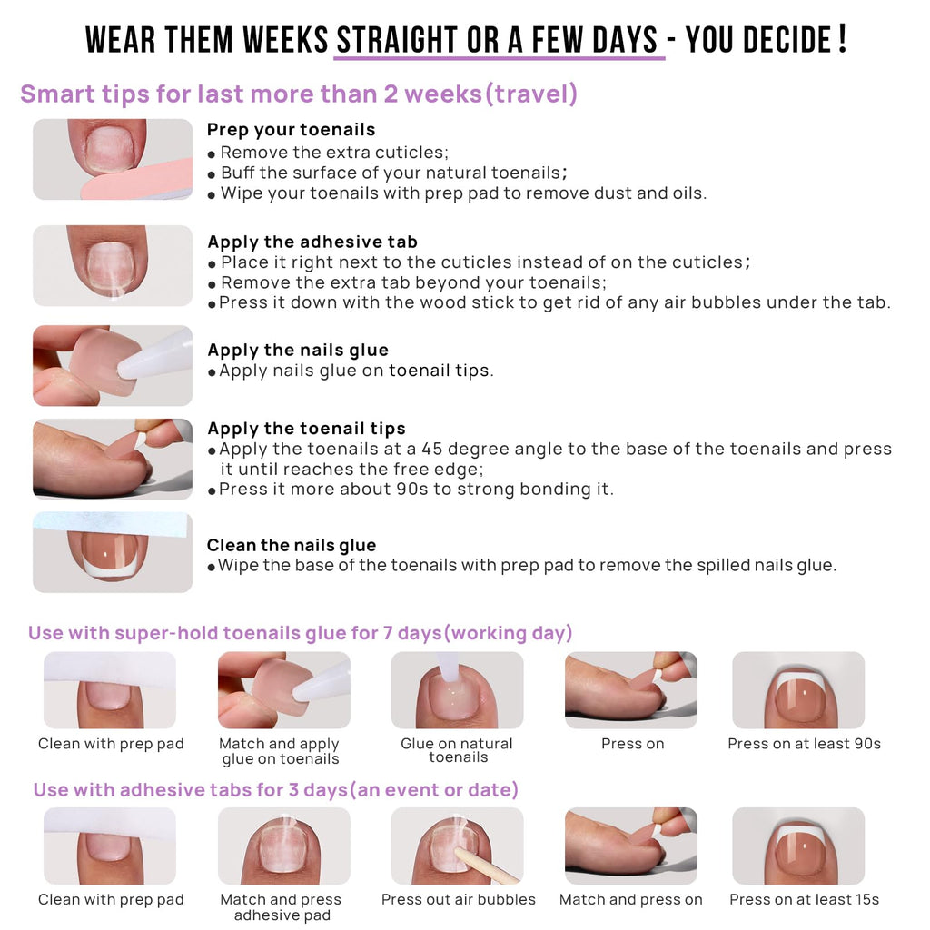 BTArtbox Press-On Toenails Short White French Tips – 32 Nails Kit, 16 Sizes