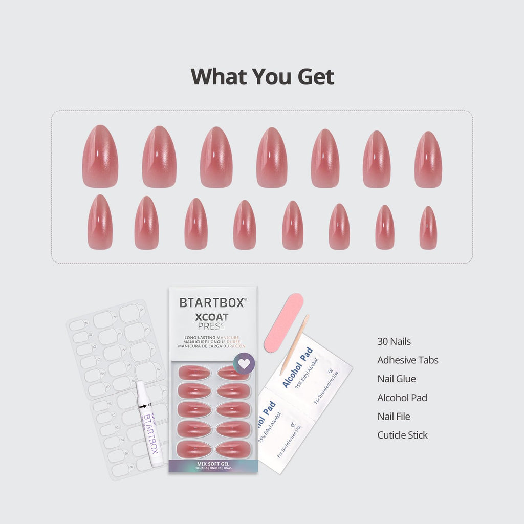 BTArtbox Press On Nails Almond - Pink Hypnotic Ombre | Lamp-Curable Cat Eye Medium Nails Kit with Glue & Tabs