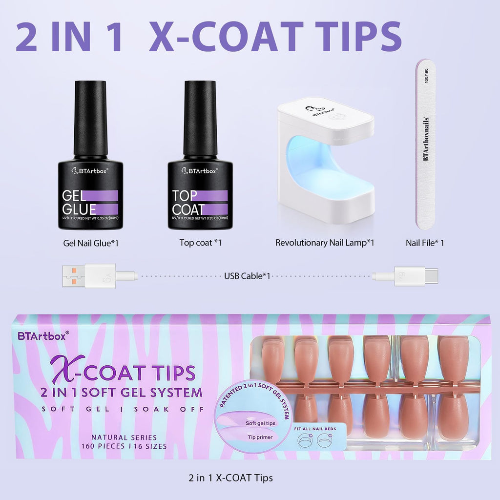 BTArtbox XCOATTIPS Gel Nail Kit – Short Coffin Tips with Glue, Top Coat & Portable Lamp