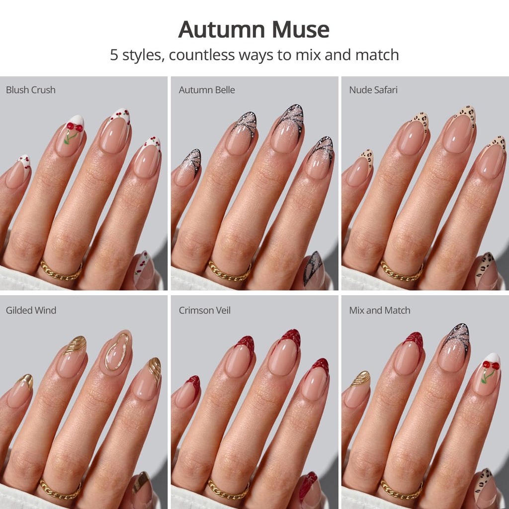 BTArtboxnails X LONGHAIRPRETTYNAILS Autumn Muse Press On Nails – 5 Designs Mix & Match, Short Almond French Tip, 160 Pcs