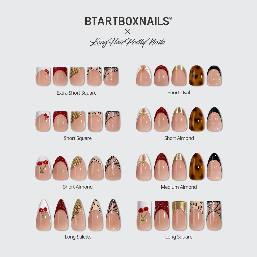 BTArtboxnails x LONGHAIRPRETTYNAILS Press On Nails Whispers of Glamour – 5 Designs Mix & Match, Medium Almond French Tip, 160 Pcs