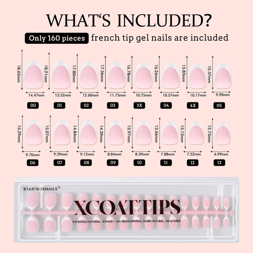 BTARTBOXNAILS French Gel Nail Tips – XCOATTIPS Press-On Nails for French Manicure, Pink, Extra Short Almond
