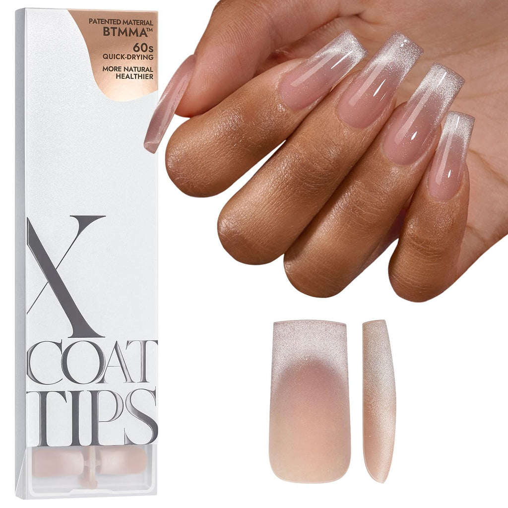 BTArtboxnails XCOATTIPS Cat Eye French Tip Press-On Nails – Soft Gel, Long Square Extensions