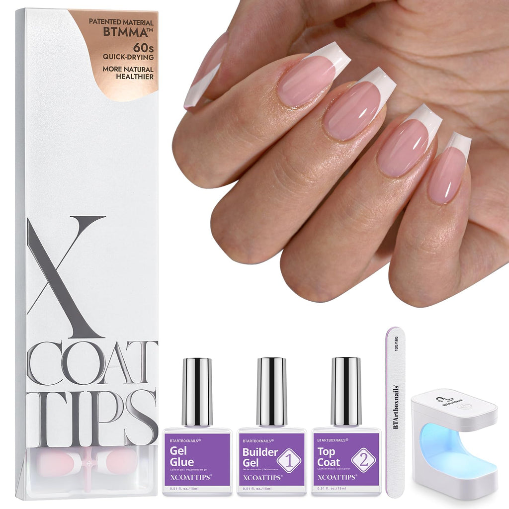 BTArtboxnails XCOATTIPS French Tip Press-On Nails Kit – All-in-One Coffin Extension