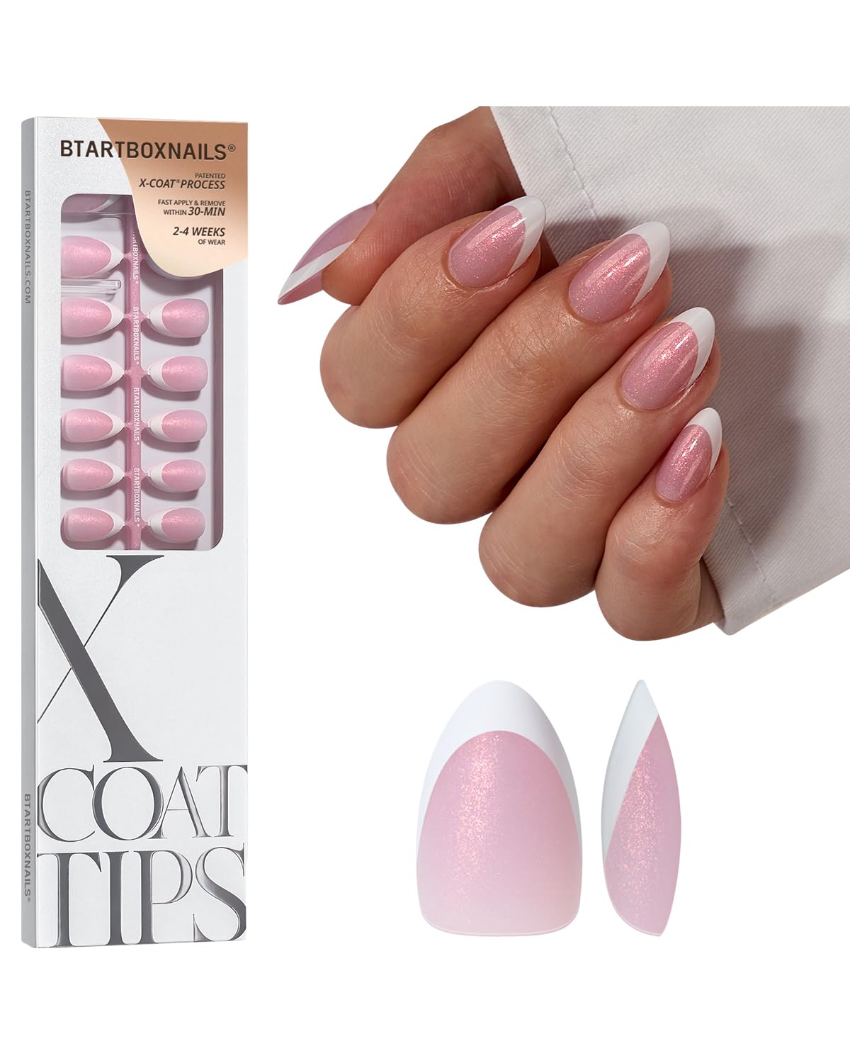 BTArtboxNails XCOATTIPS French Tip Press On Nails – Pink Glitter Base, Short Almond, 96 Pcs, Soak-Off Soft Gel Tips, 16 Sizes