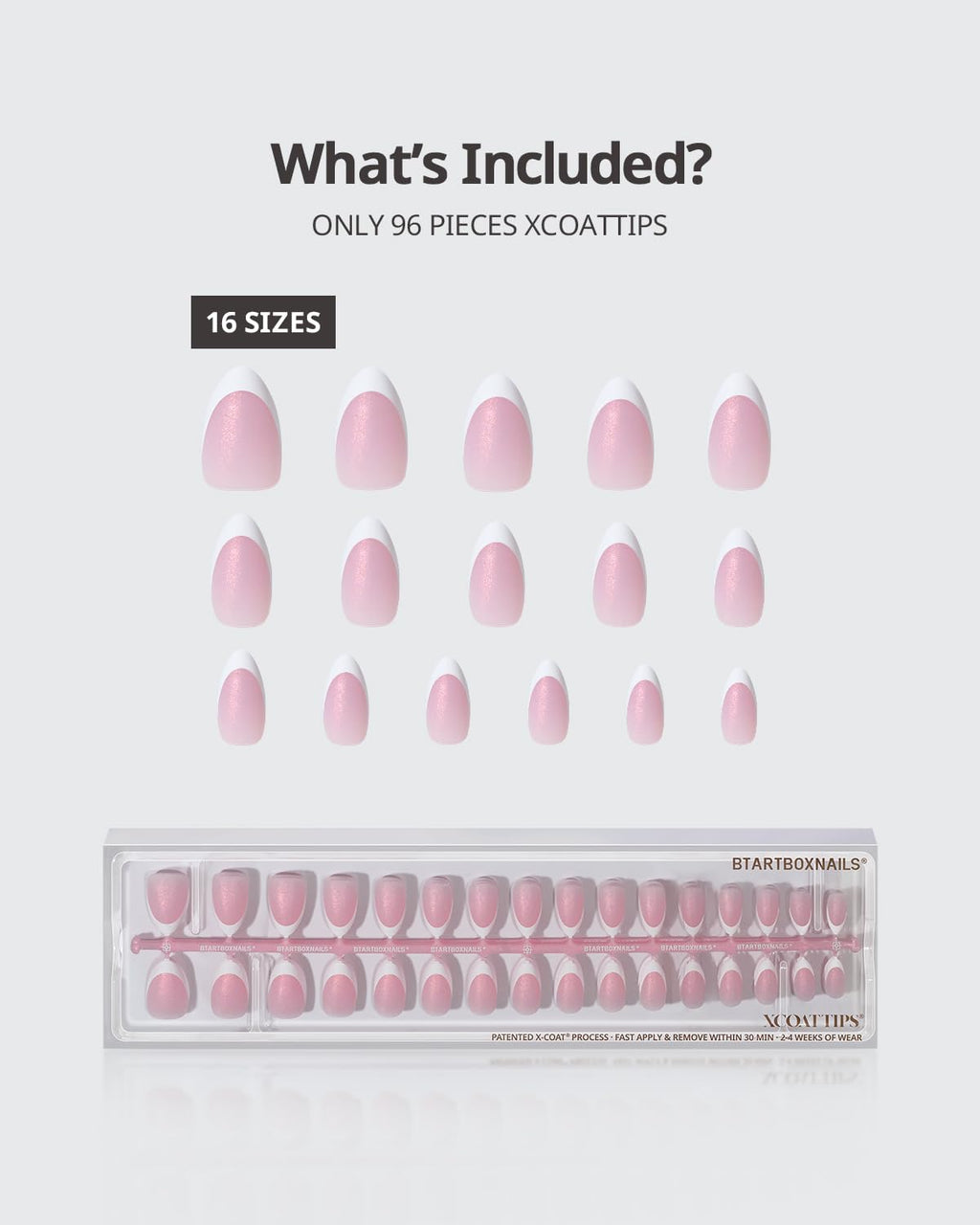 BTArtboxNails XCOATTIPS French Tip Press On Nails – Pink Glitter Base, Short Almond, 96 Pcs, Soak-Off Soft Gel Tips, 16 Sizes