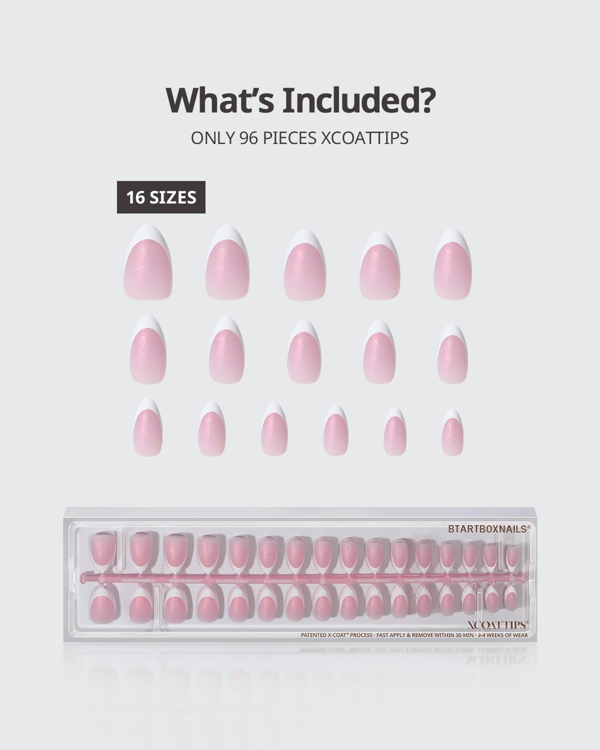BTArtboxNails XCOATTIPS French Tip Press On Nails – Pink Glitter Base, Short Almond, 96 Pcs, Soak-Off Soft Gel Tips, 16 Sizes