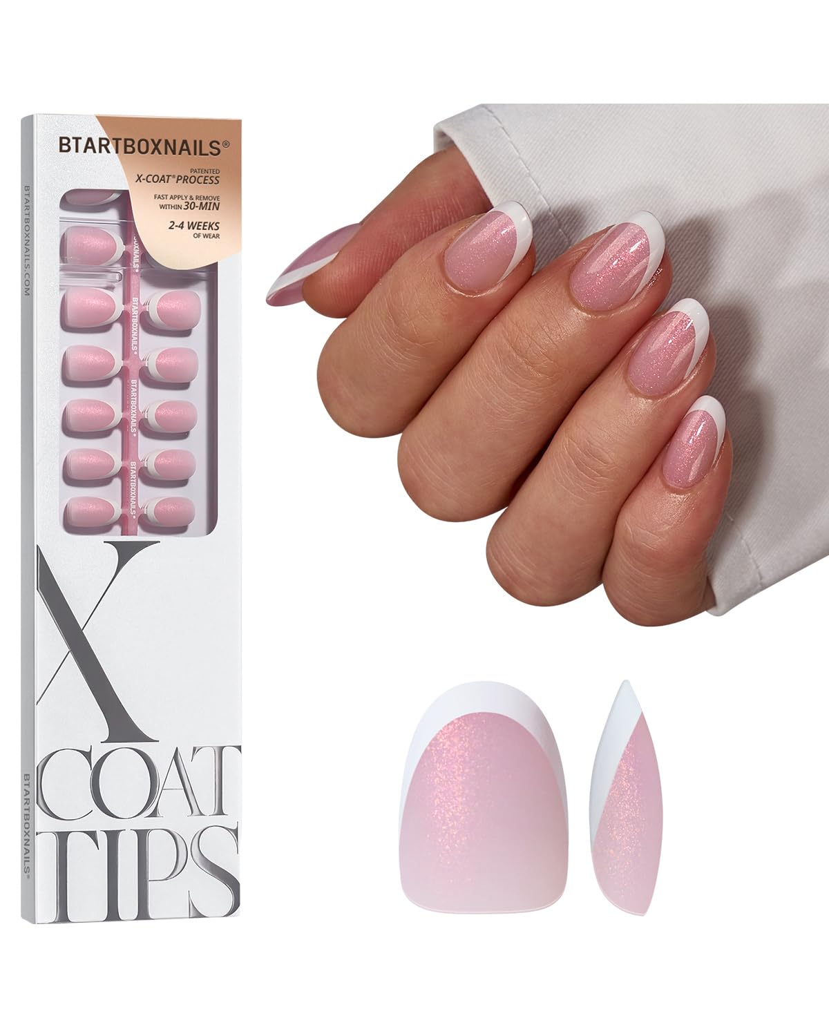 BTArtboxNails XCOATTIPS French Tip Press On Nails – Pink Glitter Base, Short Oval, 96 Pcs, 16 Sizes