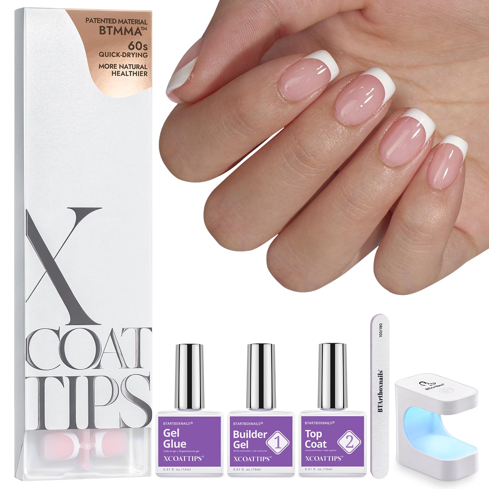BTArtboxnails XCOATTIPS French Tips Nails – Extra Short Square Press-On Kit with Gel & Lamp
