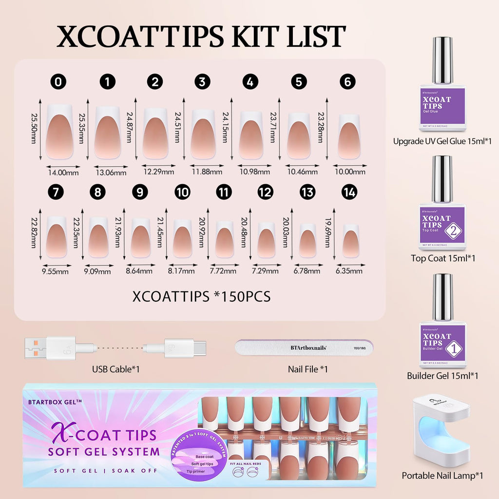 BTArtboxnails XCOATTIPS French Tip Nail Kit – Gel Extensions, Nail Lamp