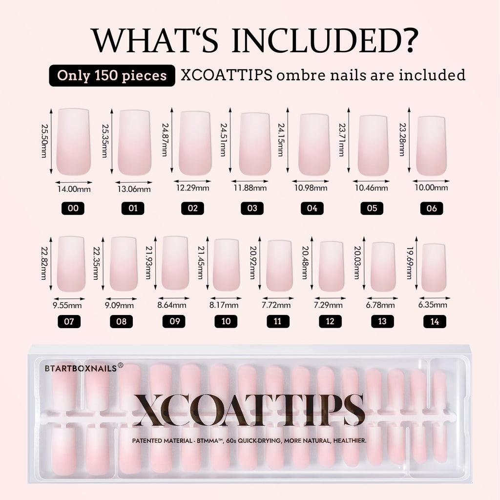 BTArtboxnails XCOATTIPS Ombre Nails – 150 Pcs, Pink–White Gradient