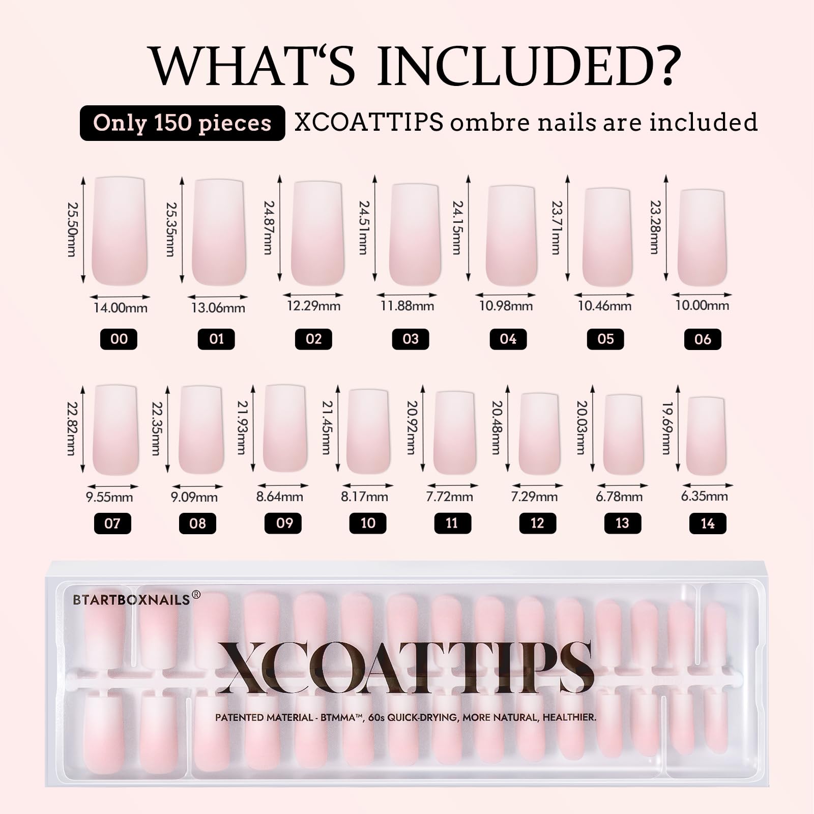 BTArtboxnails XCOATTIPS Ombre Nails – 150 Pcs, Pink–White Gradient