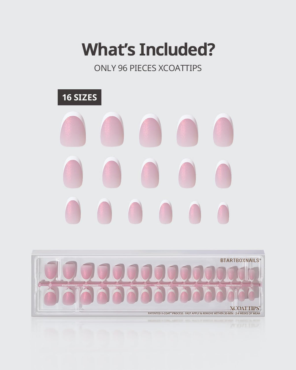 BTArtboxNails XCOATTIPS French Tip Press On Nails – Pink Glitter Base, Short Oval, 96 Pcs, 16 Sizes