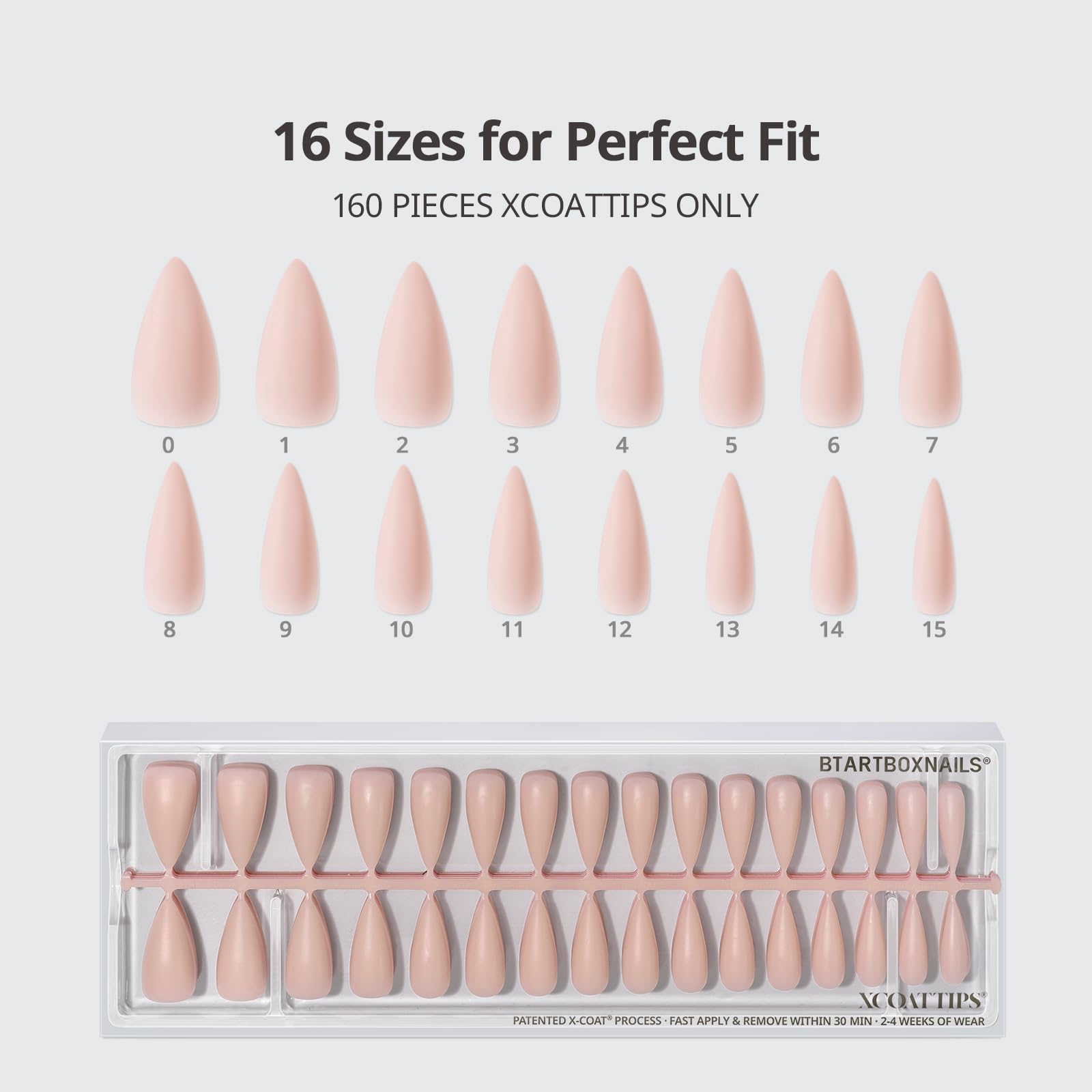 BTArtboxnails XCOATTIPS Bare 5-Shades Nude Press-On Nails – Long Stiletto, 4-Week Wear, 16 Sizes