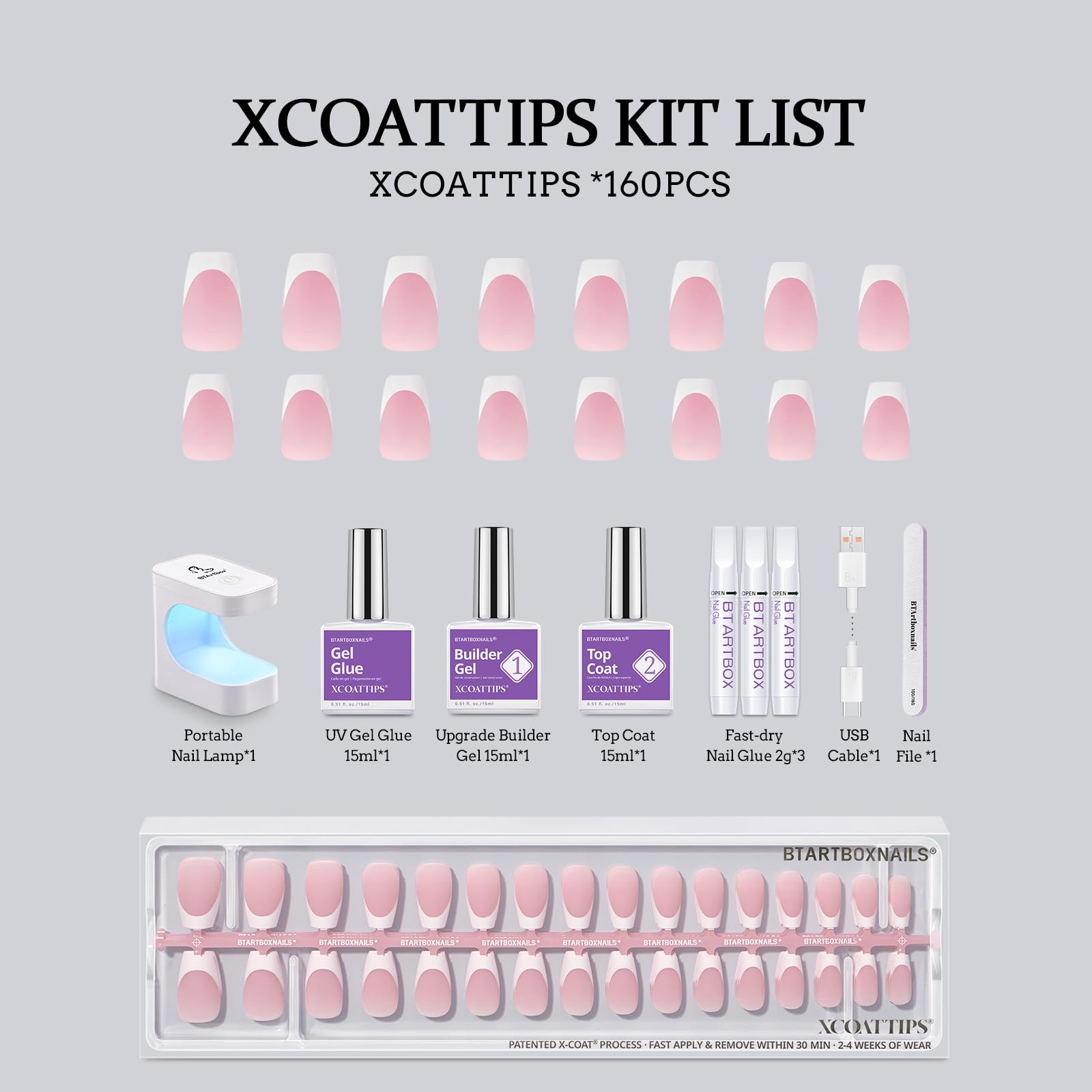 BTArtboxnails XCOATTIPS French Tip Press-On Nails Kit – All-in-One Coffin Extension