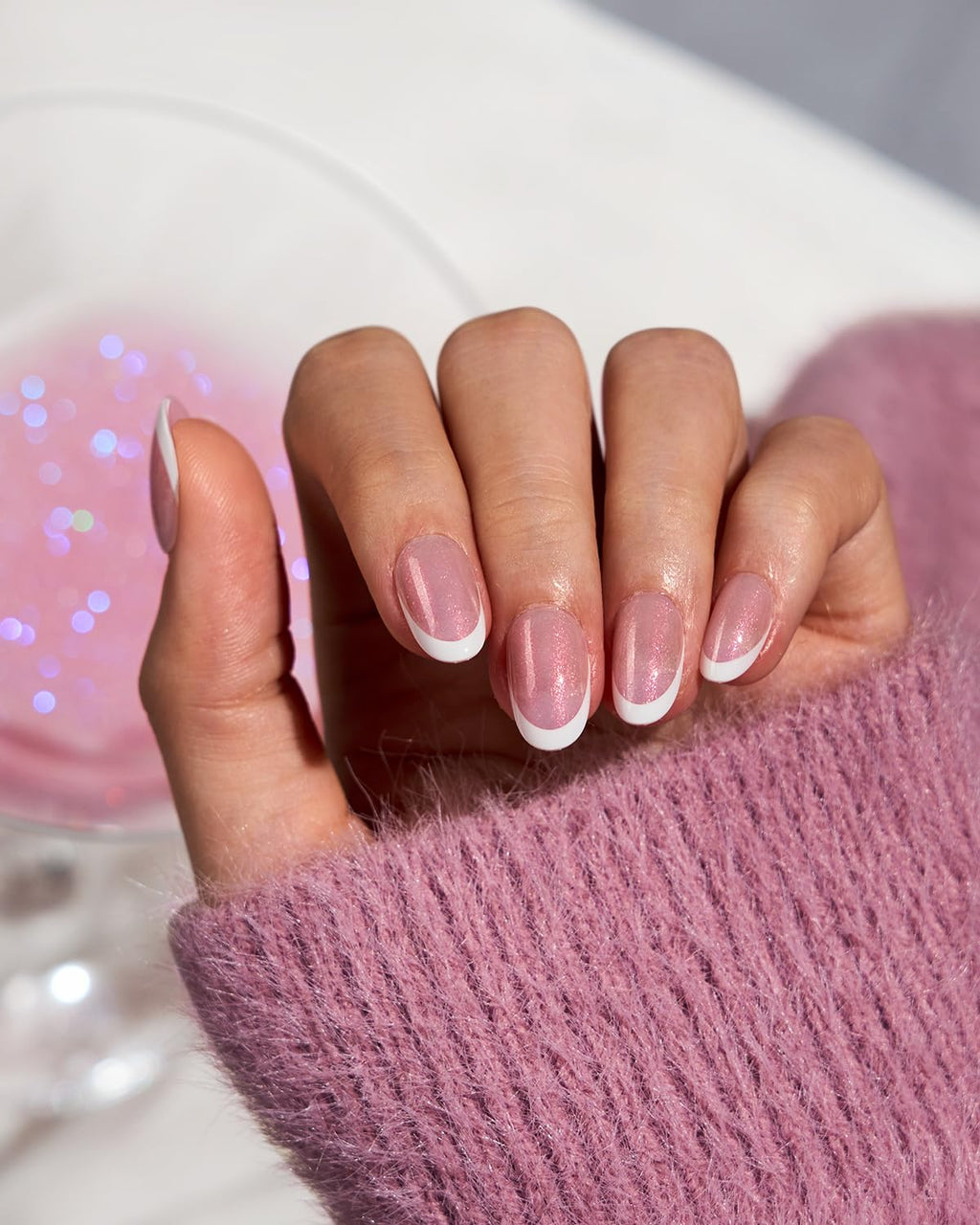 BTArtboxNails XCOATTIPS French Tip Press On Nails – Pink Glitter Base, Short Oval, 96 Pcs, 16 Sizes