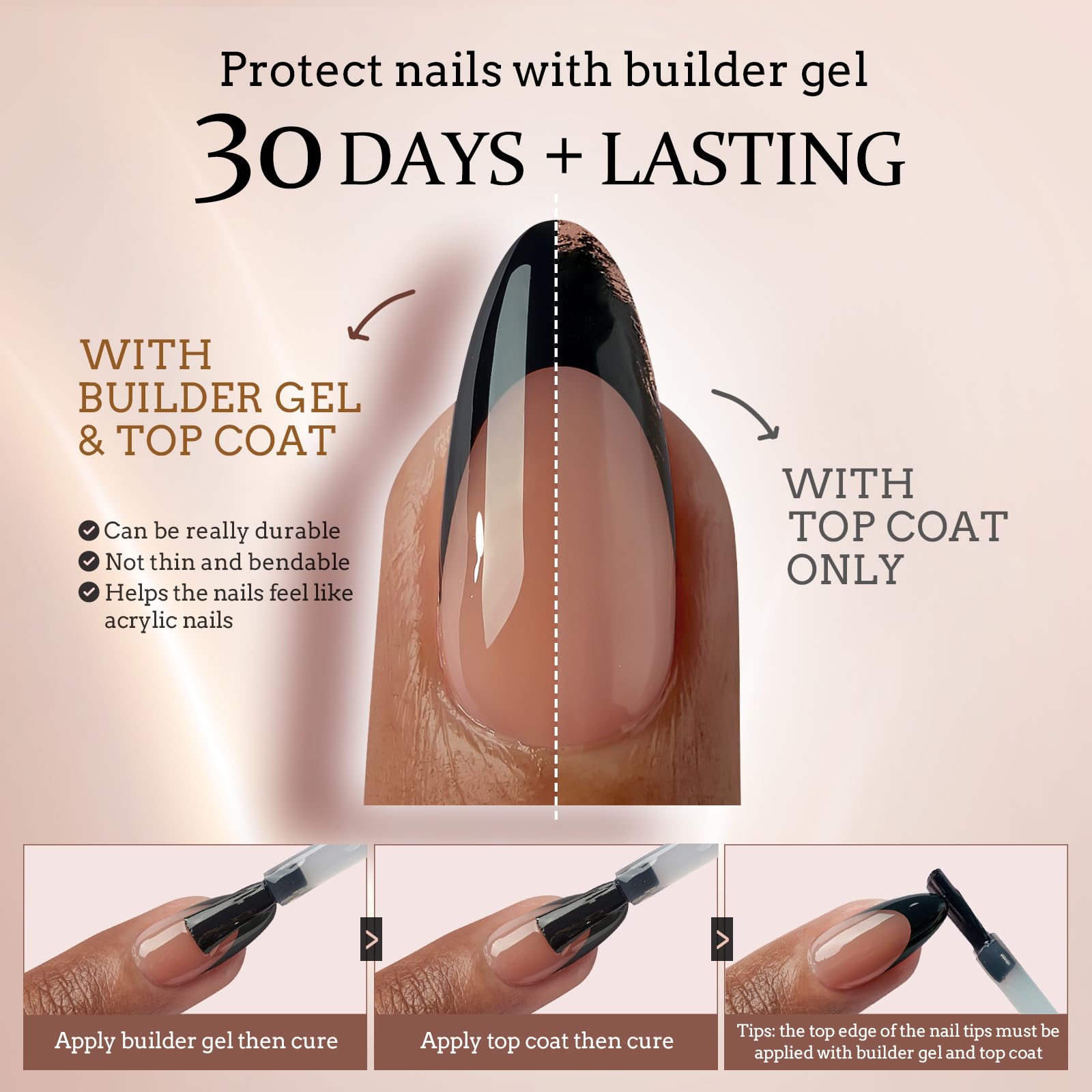 BTArtboxnails XCOATTIPS French Tip Nails – Long Press On Nails, Black Square Tips