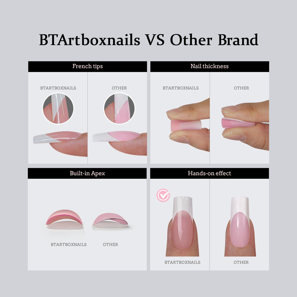 BTArtboxnails XCOATTIPS French Tips Nails – Extra Short Square Press-On Kit with Gel & Lamp