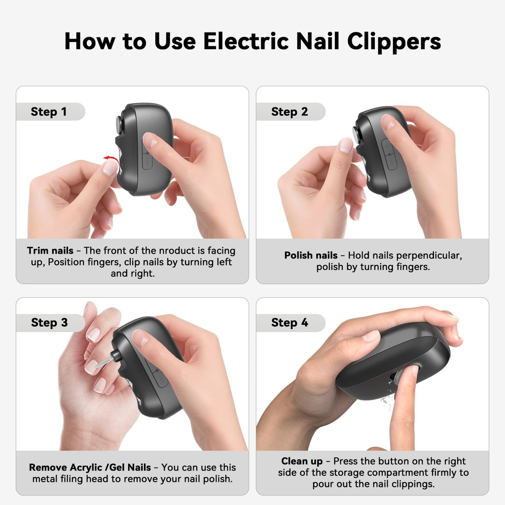 BTWOGO Electric Nail Clipper 3-in-1: LED Light, Auto File & Polish, Rechargeable