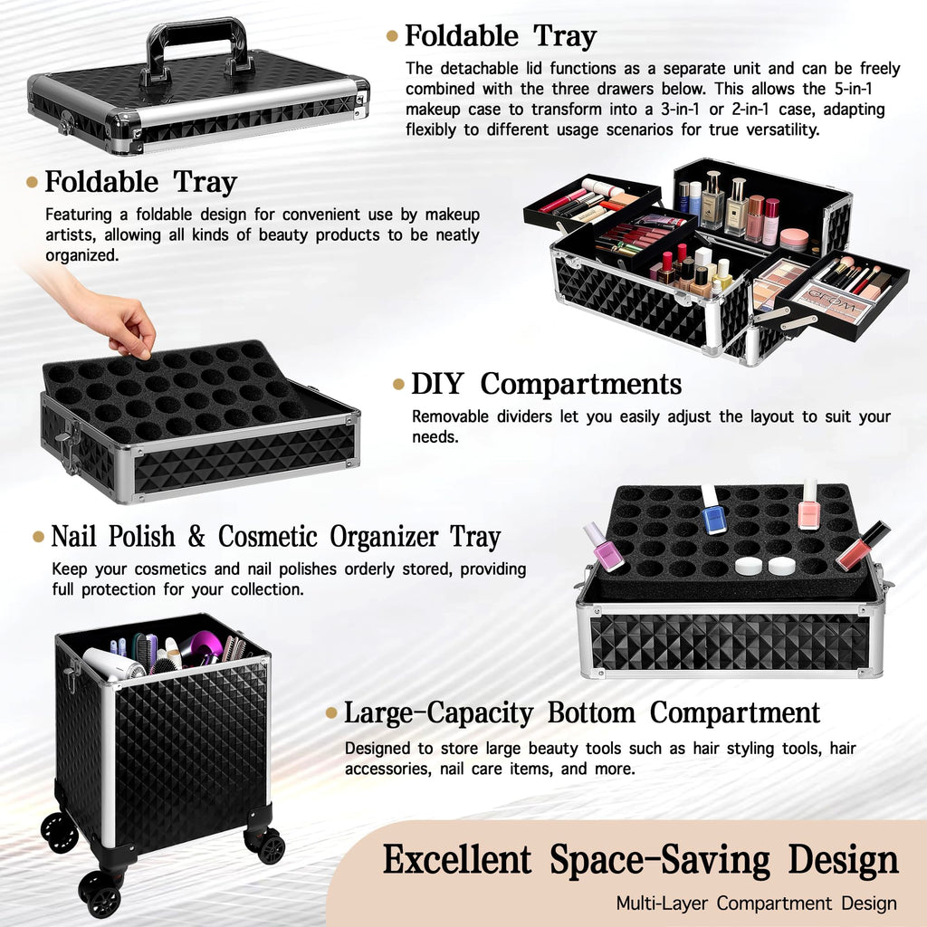 Buanson 5-in-1 Rolling Makeup Train Case — Large Professional Cosmetic Trolley on Wheels (Black)