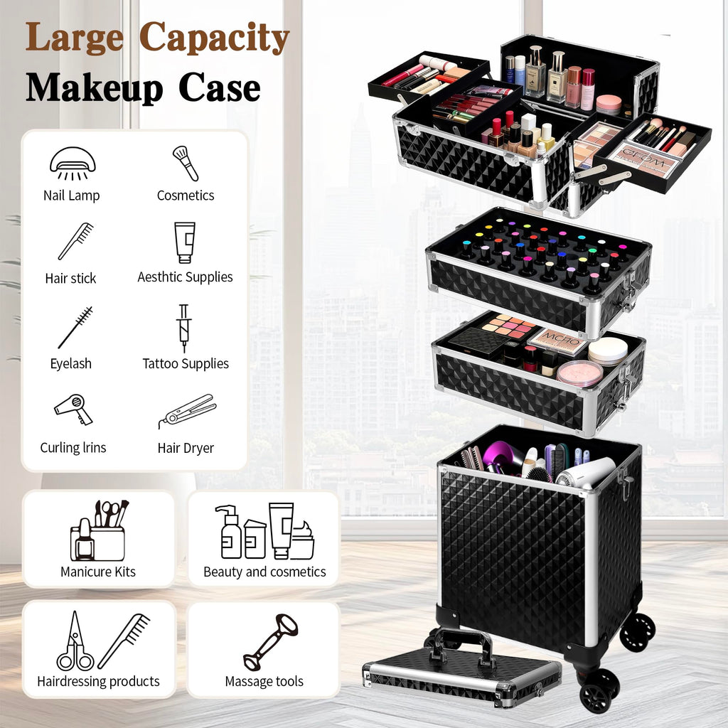Buanson 5-in-1 Rolling Makeup Train Case — Large Professional Cosmetic Trolley on Wheels (Black)