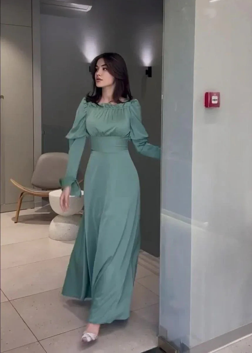 Bubble Collar Wooden Ear Waist Tight Solid Color Long Sleeve Dress