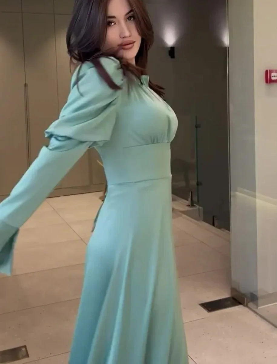 Bubble Collar Wooden Ear Waist Tight Solid Color Long Sleeve Dress