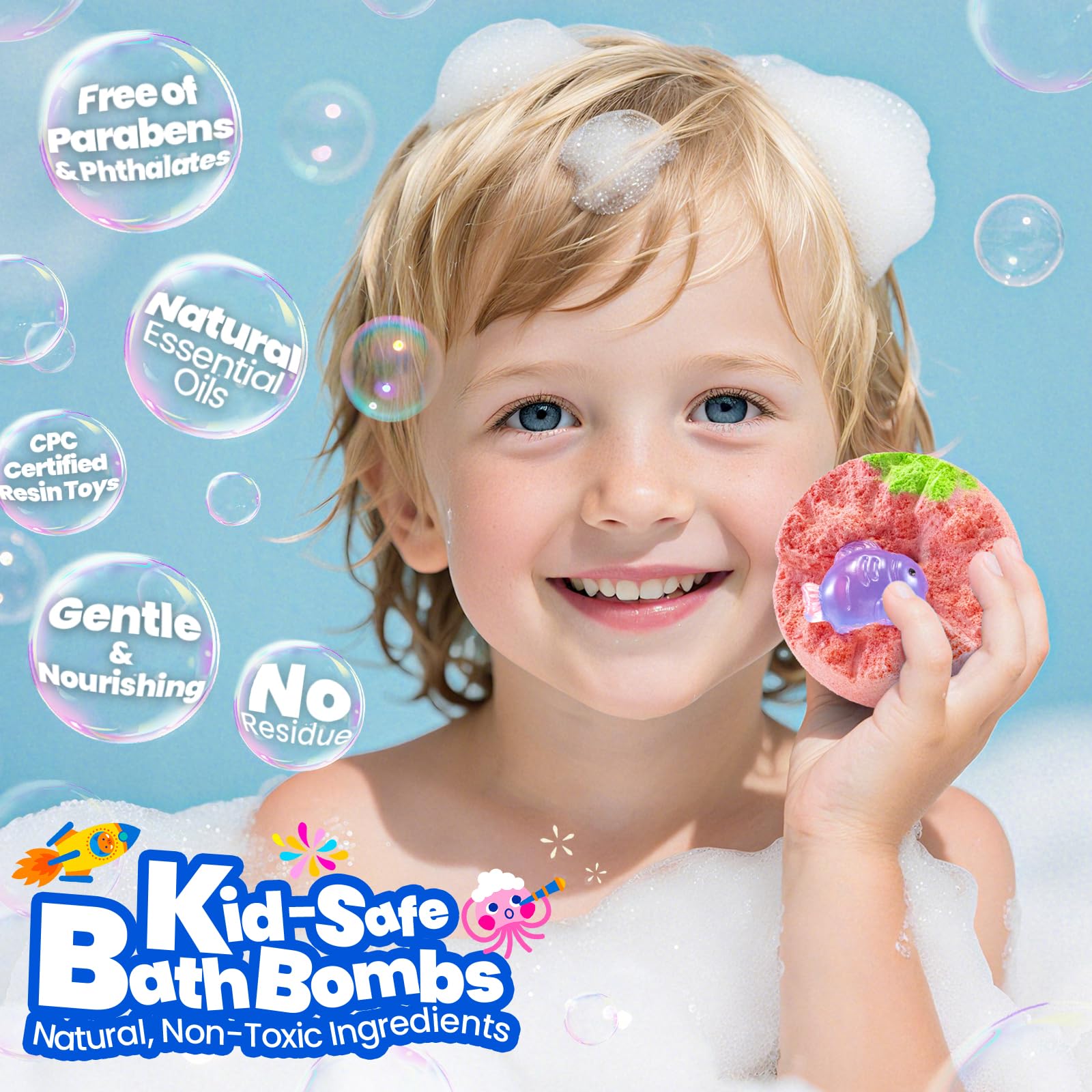 BubbleTail 32-Pack Bath Bombs for Kids – Glow-in-the-Dark Surprises, 8 Scents, 1.8-Inch Fizzes