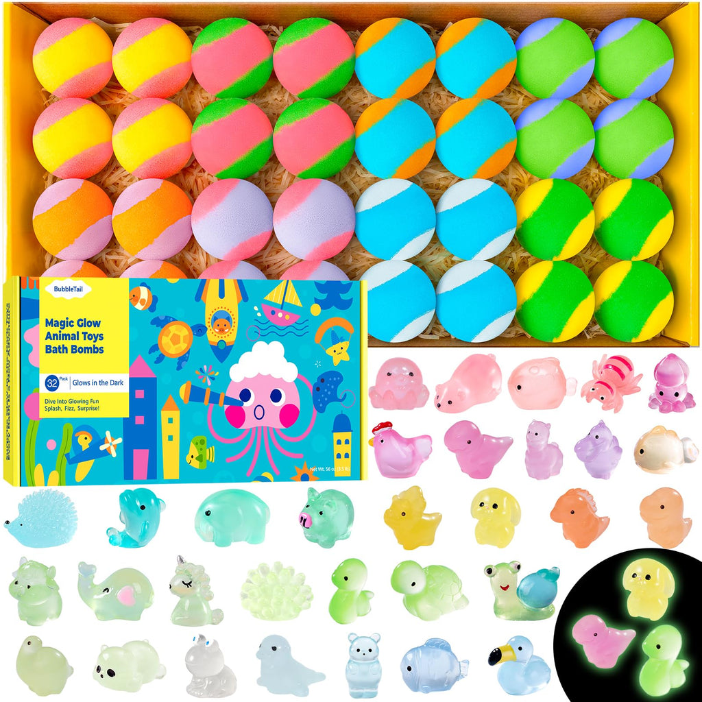 BubbleTail 32-Pack Bath Bombs for Kids – Glow-in-the-Dark Surprises, 8 Scents, 1.8-Inch Fizzes