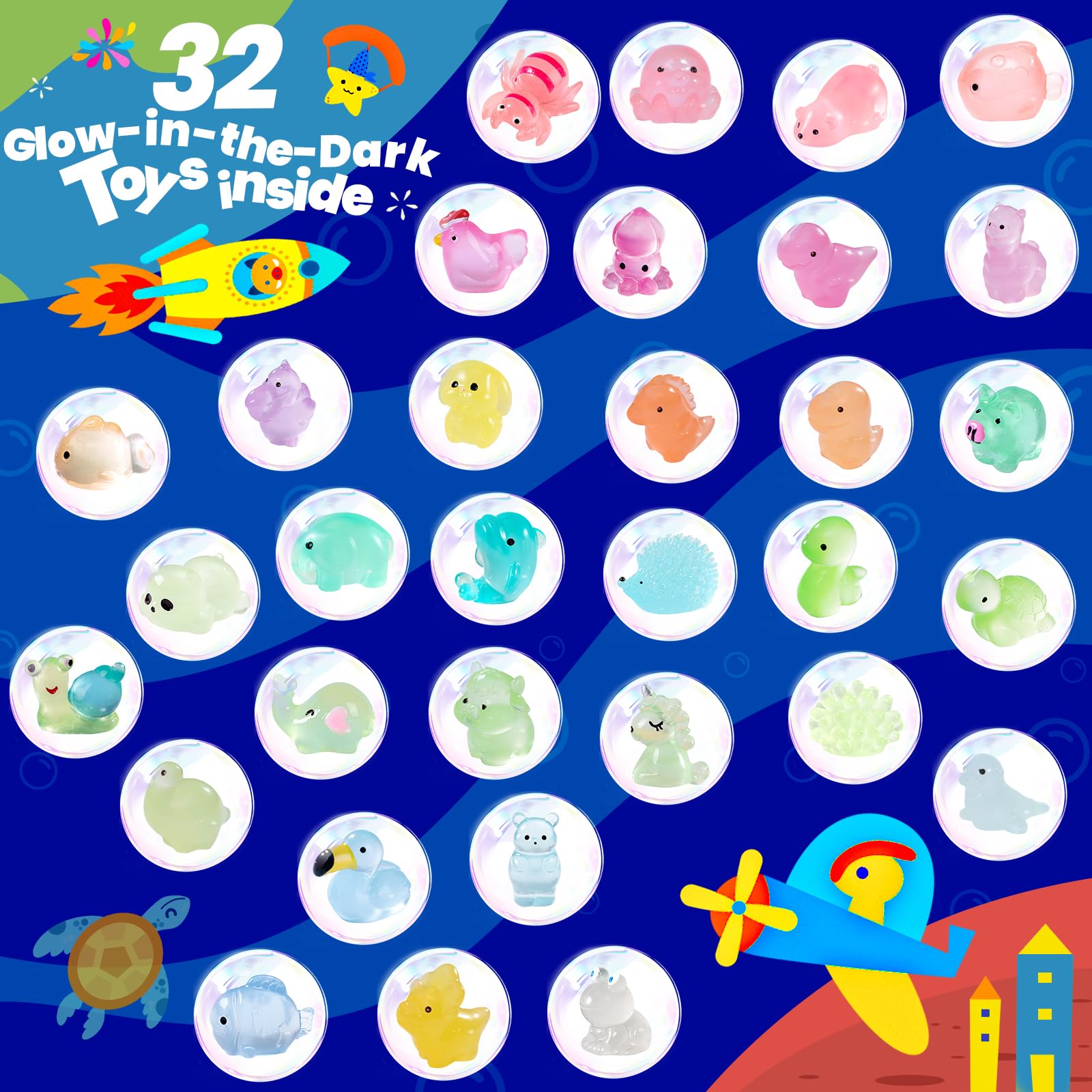 BubbleTail 32-Pack Bath Bombs for Kids – Glow-in-the-Dark Surprises, 8 Scents, 1.8-Inch Fizzes
