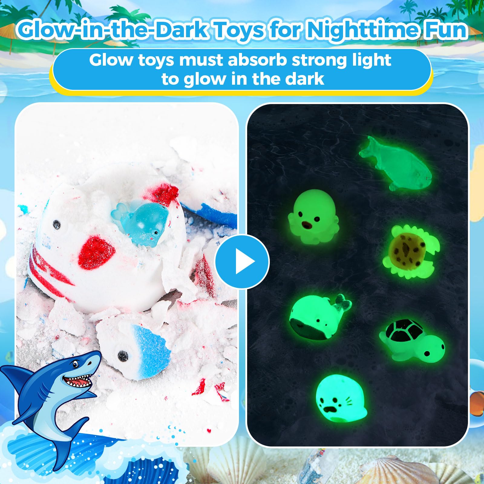 BubFroo Shark Bath Bombs for Kids – 6 Pack with Surprise Glow-in-the-Dark Toys