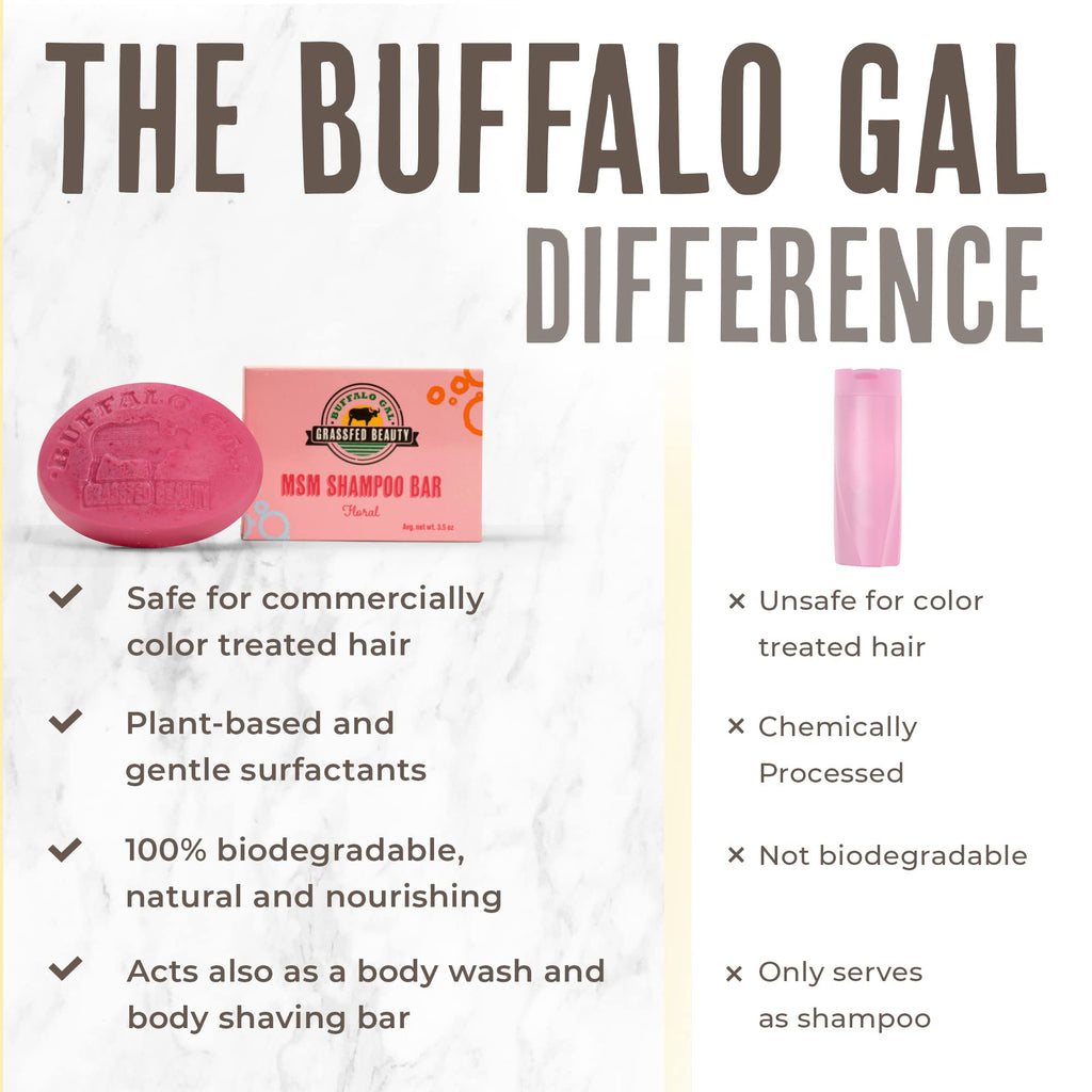 BUFFALO GAL MSM Shampoo Bar – Natural, pH-Balanced, Non-Soap for All Hair Types | Floral Scent, 4 oz