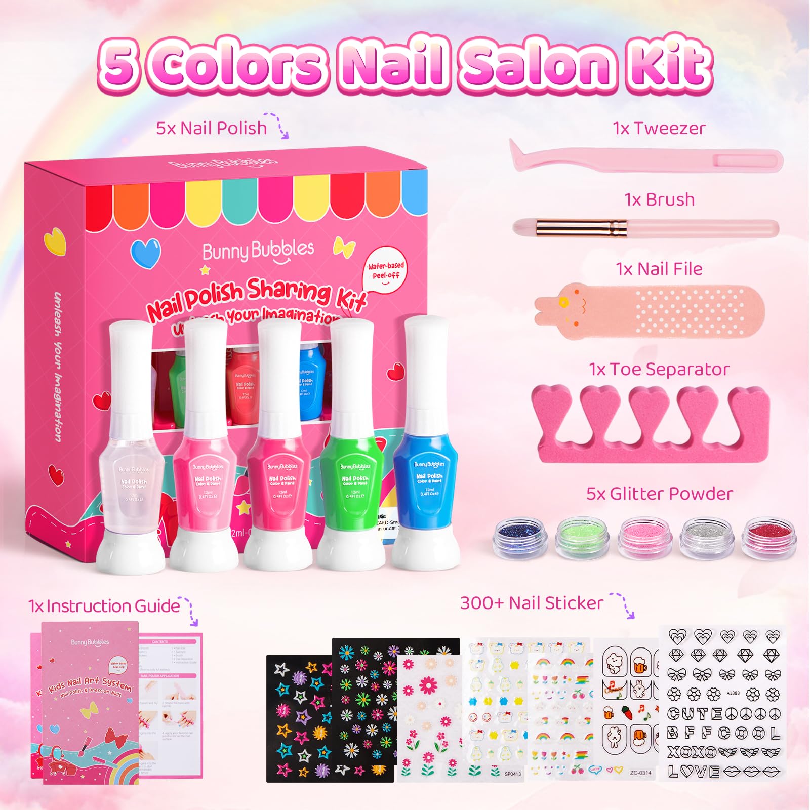 BUNNY BUBBLES Kids Nail Polish Kit – Water-Based Nail Pens, Glitter & 300 Stickers, Gift Set