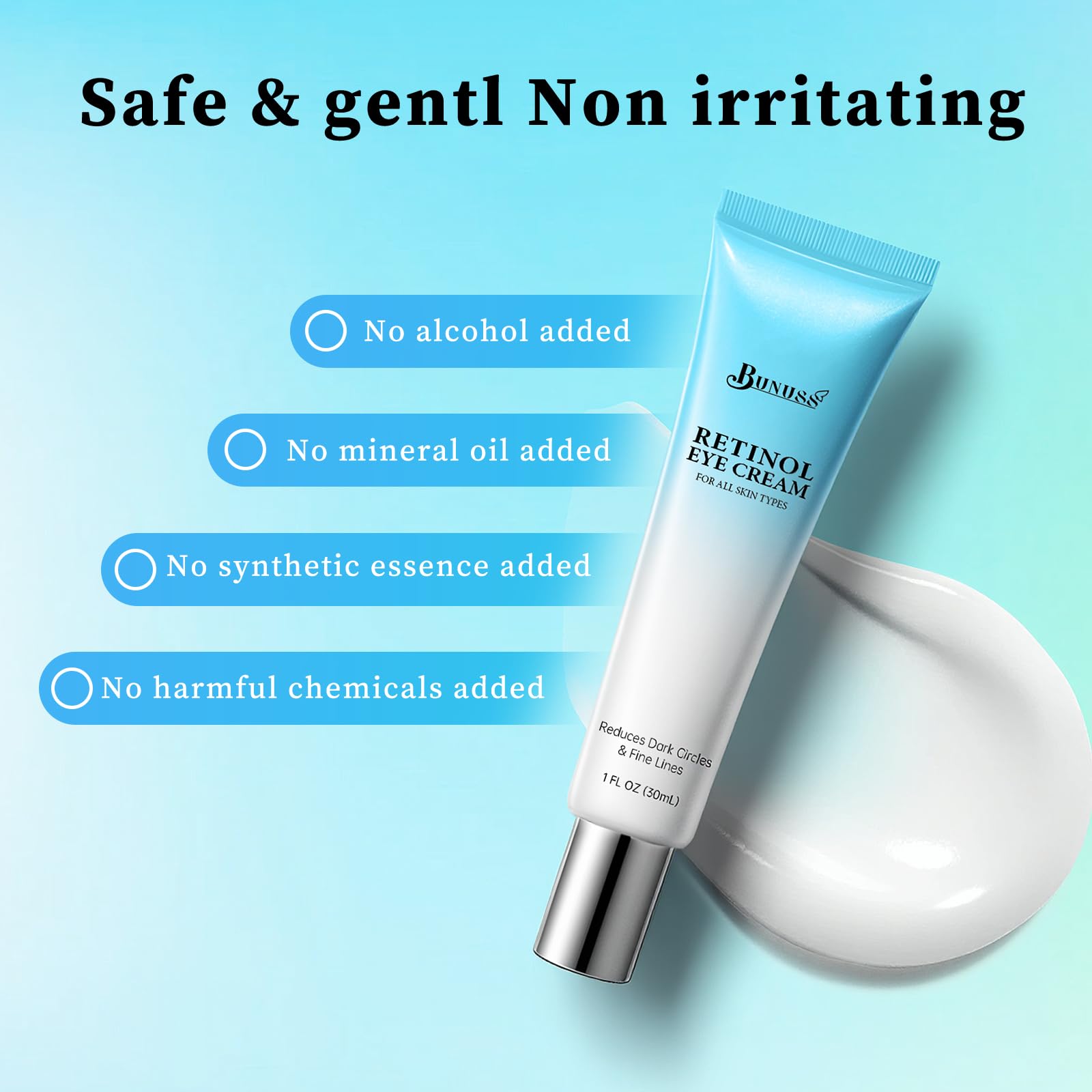 BUNUSS Retinol Eye Cream - 4% Retinol with Hyaluronic Acid, Peptides & Caffeine | Dark Circles & Puffiness, 1 fl oz