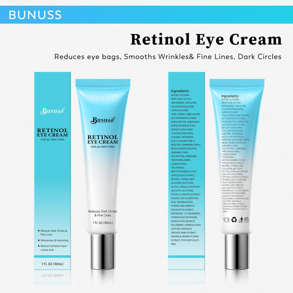 BUNUSS Retinol Eye Cream - 4% Retinol with Hyaluronic Acid, Peptides & Caffeine | Dark Circles & Puffiness, 1 fl oz