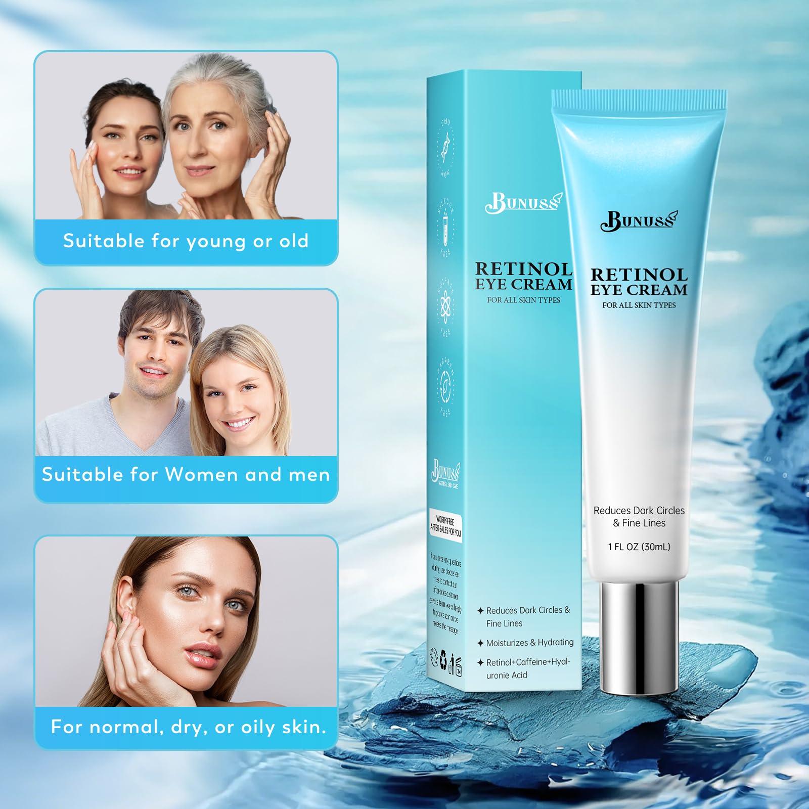 BUNUSS Retinol Eye Cream - 4% Retinol with Hyaluronic Acid, Peptides & Caffeine | Dark Circles & Puffiness, 1 fl oz