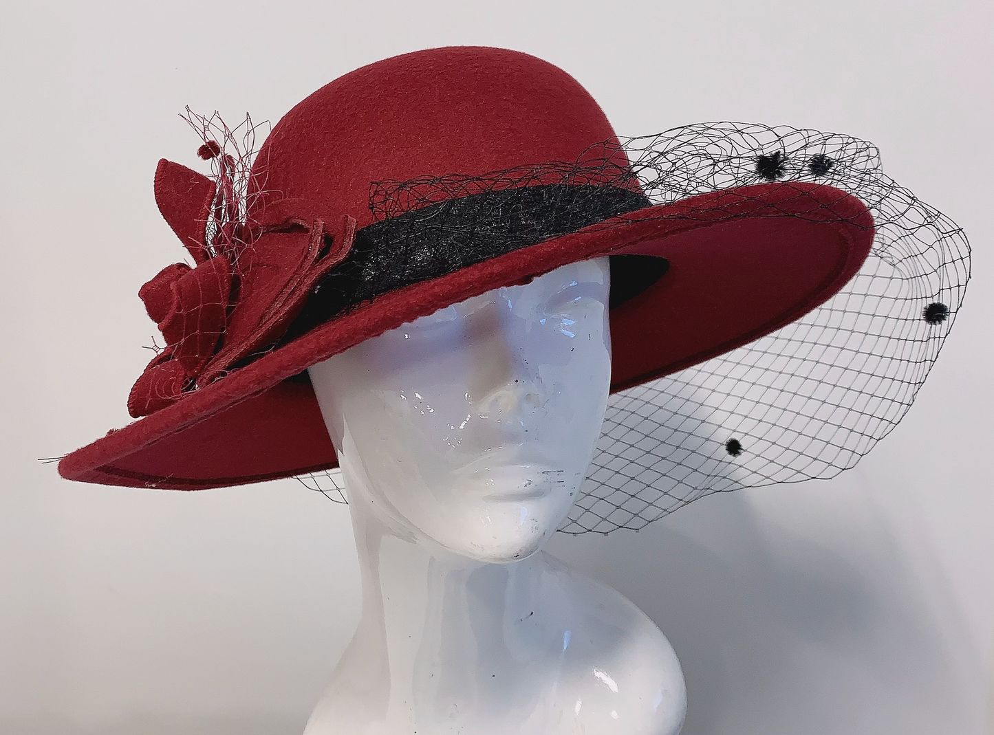 Large Wool Mix Brim Fedora with Hat Veil Hatinator Fascinator - Burgundy / Deep Red