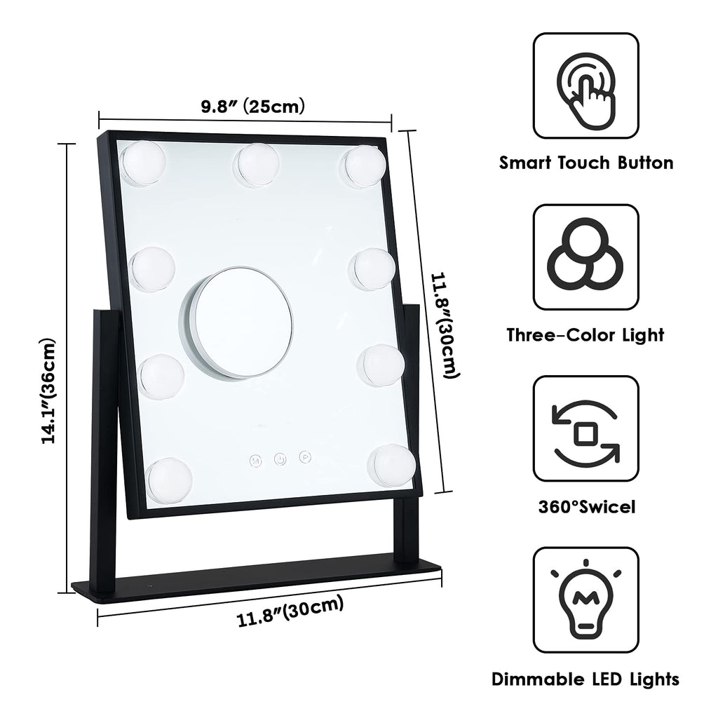 BWLLNI Lighted Makeup Mirror – Hollywood Vanity with Dimmable LED Lights, 360° Rotation, Detachable 10x Magnifier, Black