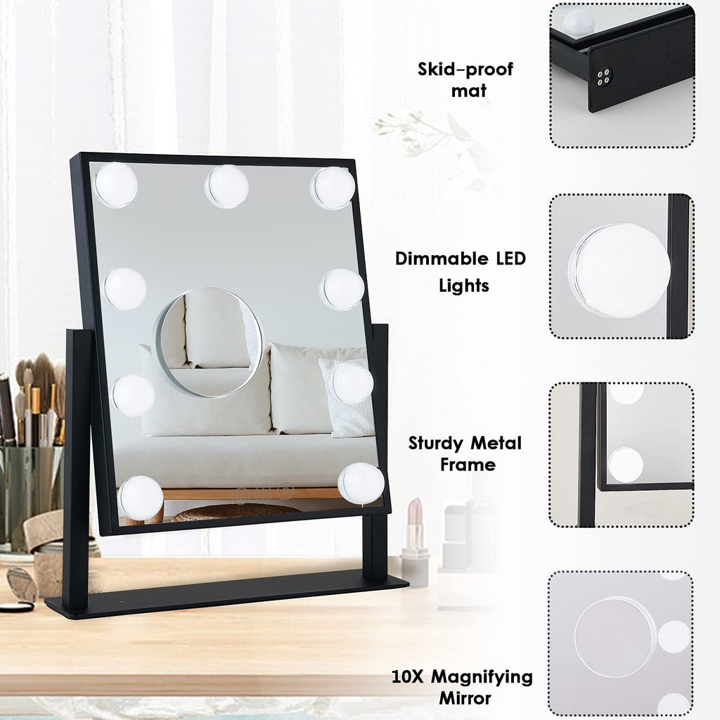BWLLNI Lighted Makeup Mirror – Hollywood Vanity with Dimmable LED Lights, 360° Rotation, Detachable 10x Magnifier, Black