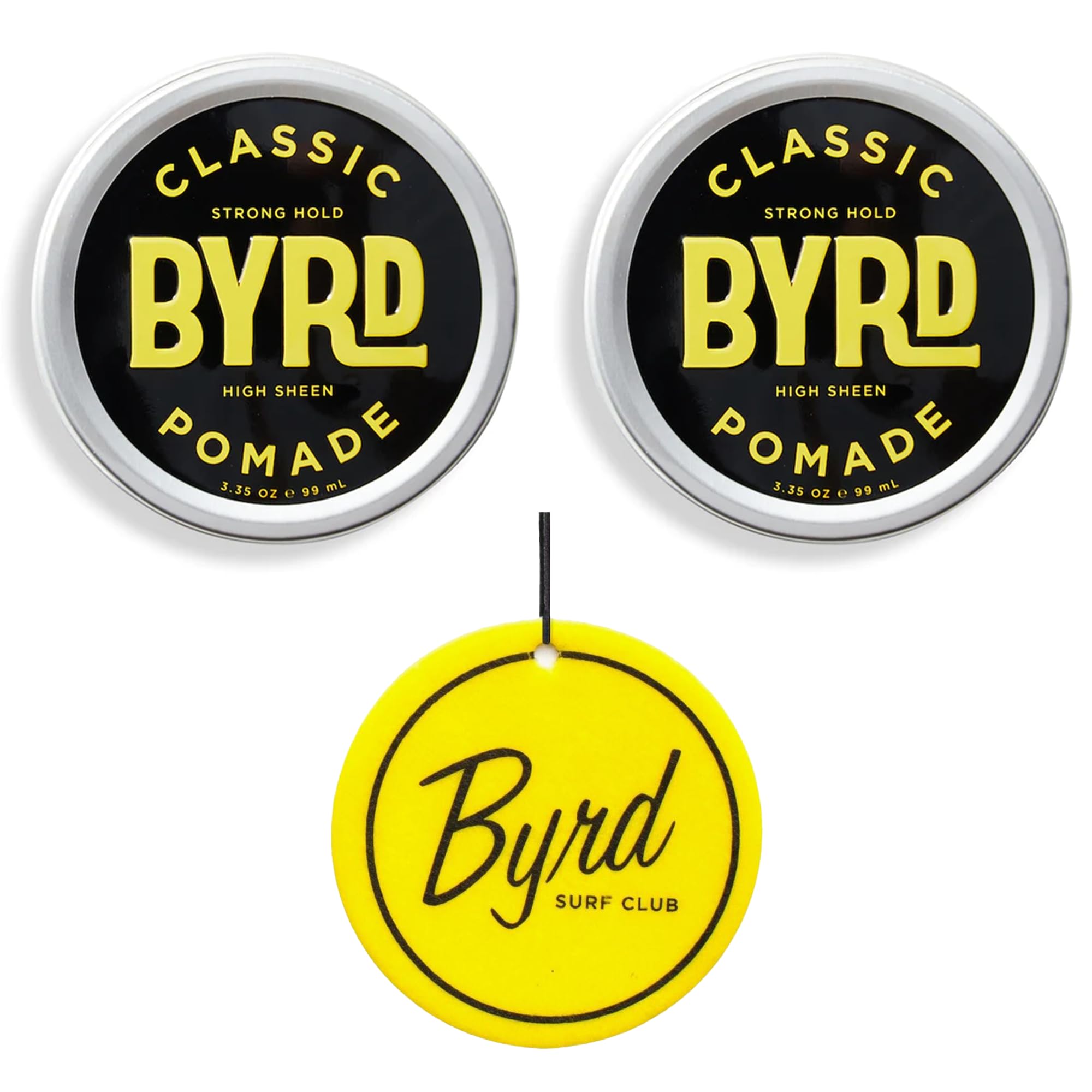 BYRD Hairdo Classic Pomade 2-Pack: Strong Hold, High Shine, Plus Salty Coconut Car Air Freshener | 3.35 oz Each